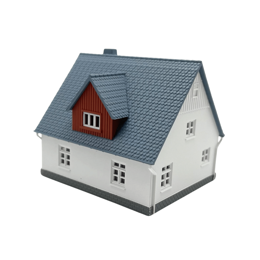 N Scale Cape Cod House - White with Blue Roof (Pre-Assembled)