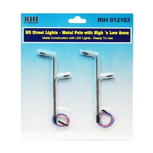 HO Scale Street Lights - Metal Poles with High 'n Low Arms (2pcs)