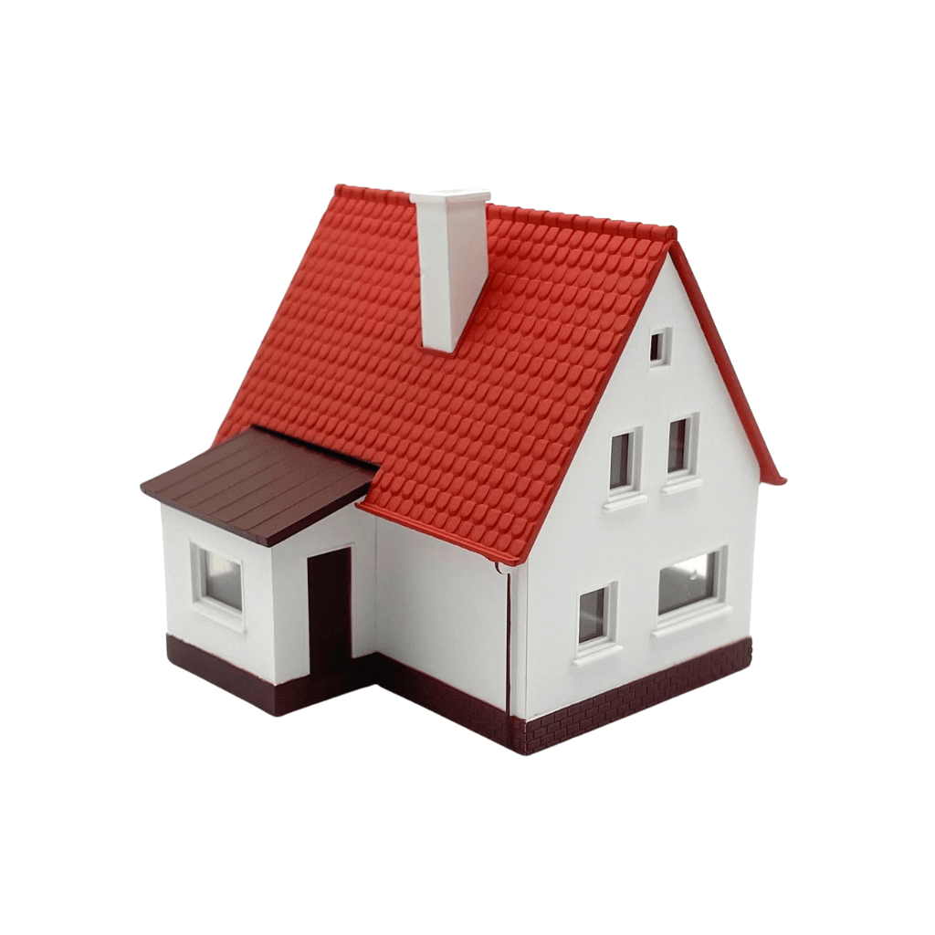 N Scale Bungalow - White with Red Roof (Pre-Assembled)