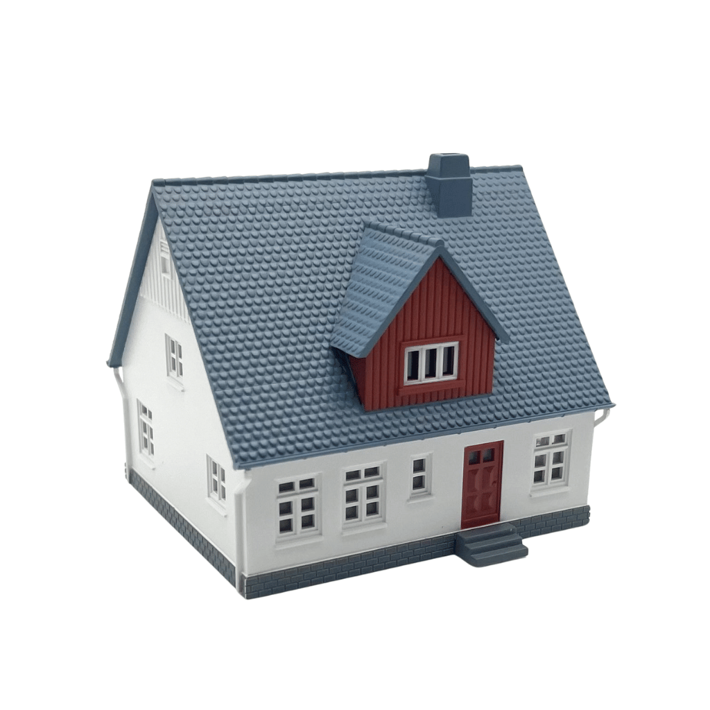 N Scale Cape Cod House - White with Blue Roof (Pre-Assembled)