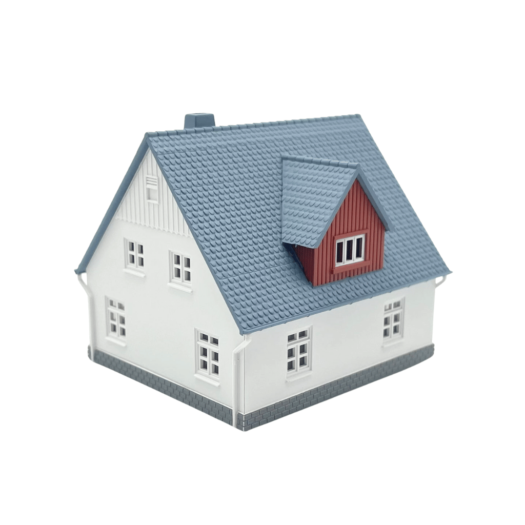 N Scale Cape Cod House - White with Blue Roof (Pre-Assembled)