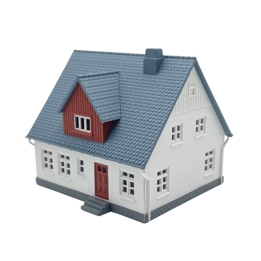 N Scale Cape Cod House - White with Blue Roof (Pre-Assembled)