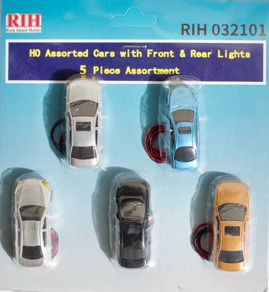 HO Assorted Cars with Front & Rear Lights 5 piece assortment 